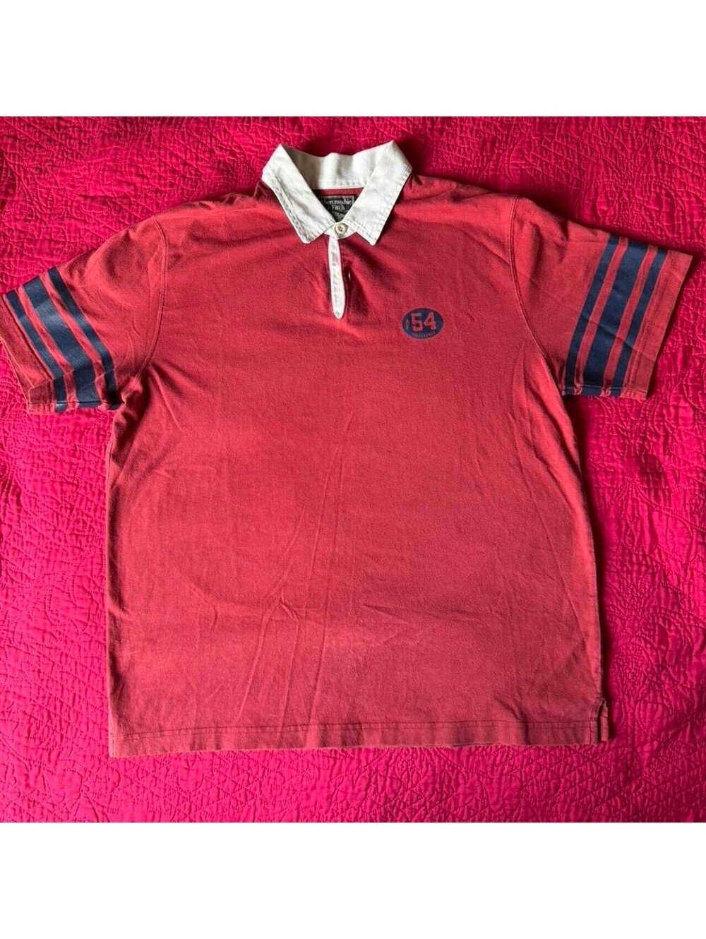 Abercrombie & Fitch red short sleeve polo shirt with striped sleeves